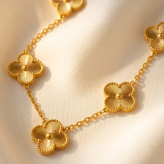 Close detail of the textured clover flowers on the chain