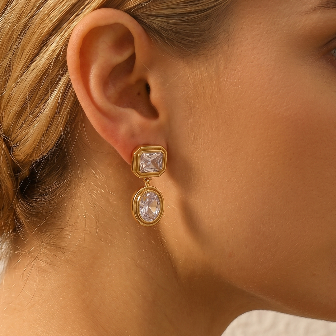 Close-up of the two-tier crystal earring worn