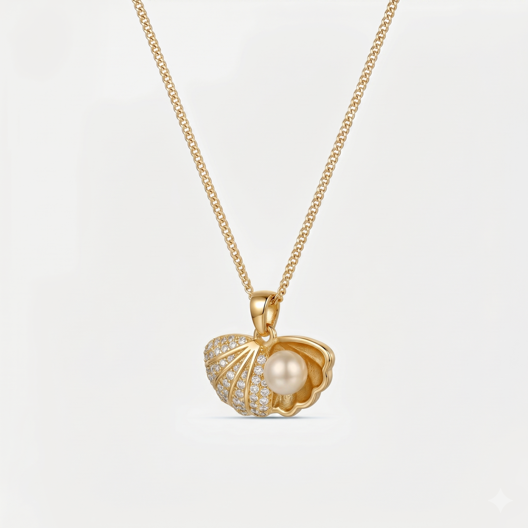 A gold-tone pendant necklace with a crystal-paved scallop shell holding a pearl, on a plain background