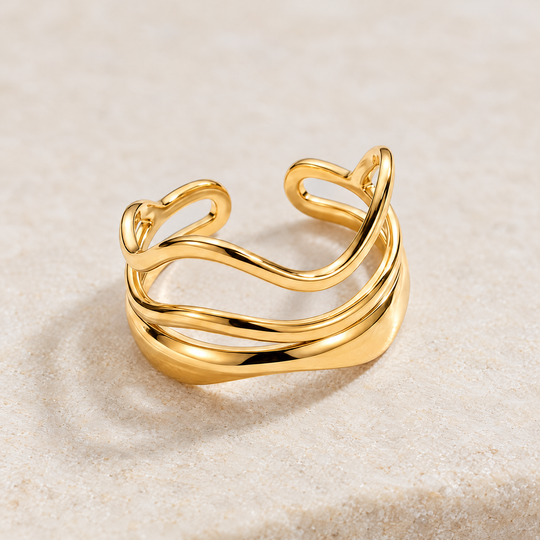 Close detail of the Marlo Flow Ring, showing the texture and the band