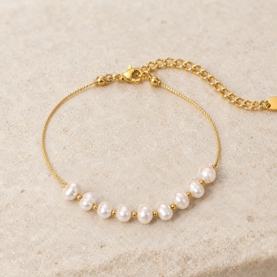 Close detail of the Lumi Pearl Bracelet, showing the texture and the closure