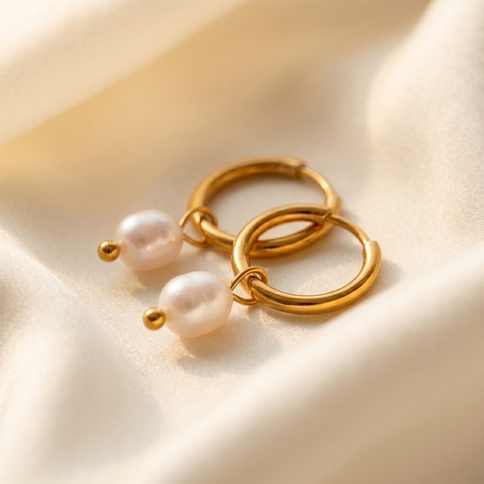 Close detail of the freshwater pearl and the polished gold-tone hoop, resting on cream silk