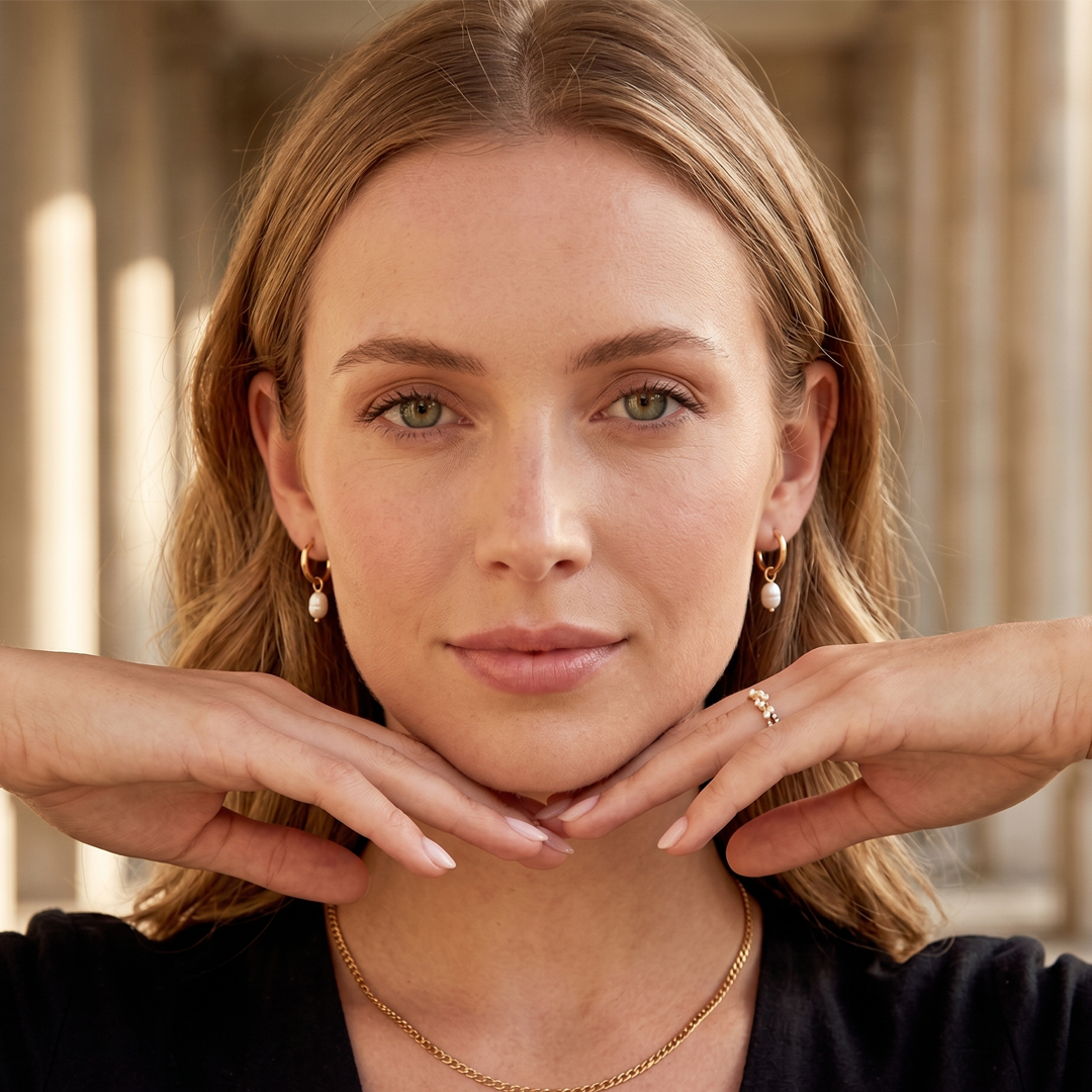 The pearl hoop earrings worn as a pair, styled with a fine gold-tone chain necklace