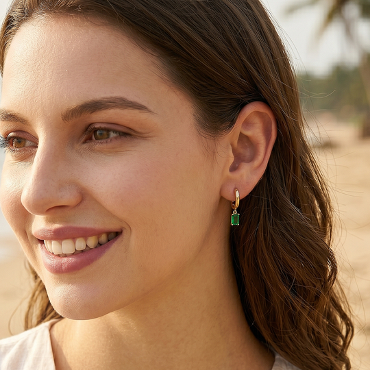 The green crystal hoop worn, seen in profile