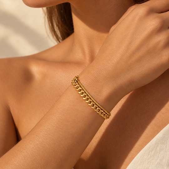 The Rio Layered Bracelet worn, seen from the side in afternoon light