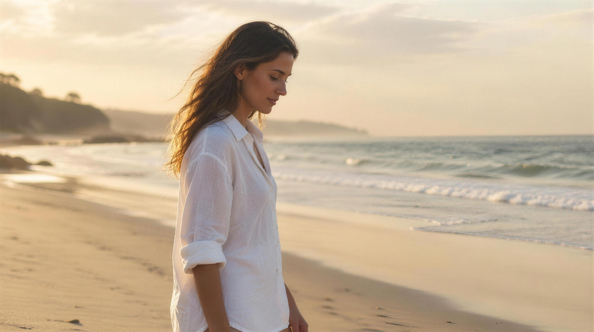 A woman in a white linen shirt walking along a quiet Australian beach in warm late-afternoon light