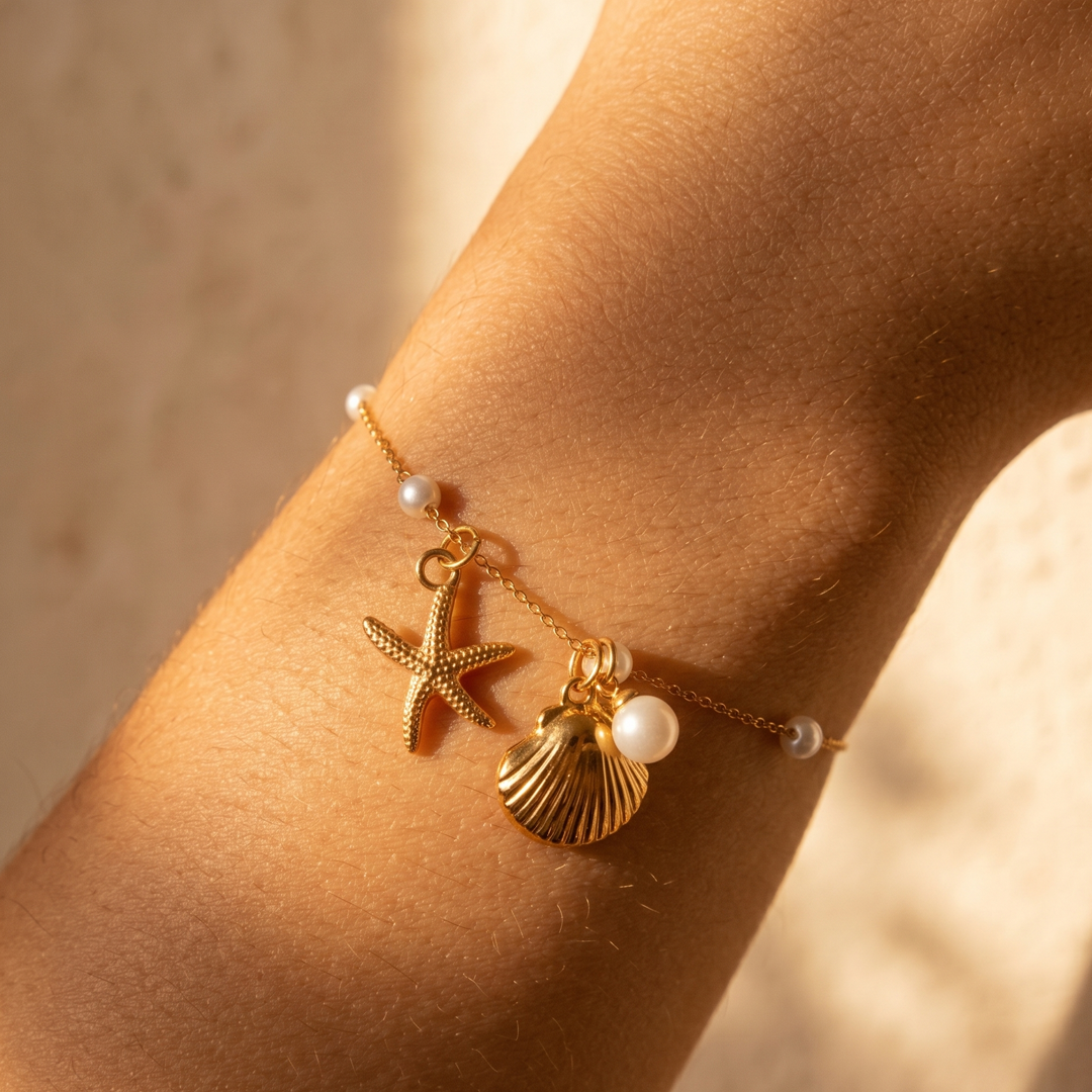 The shell charm bracelet worn on the wrist