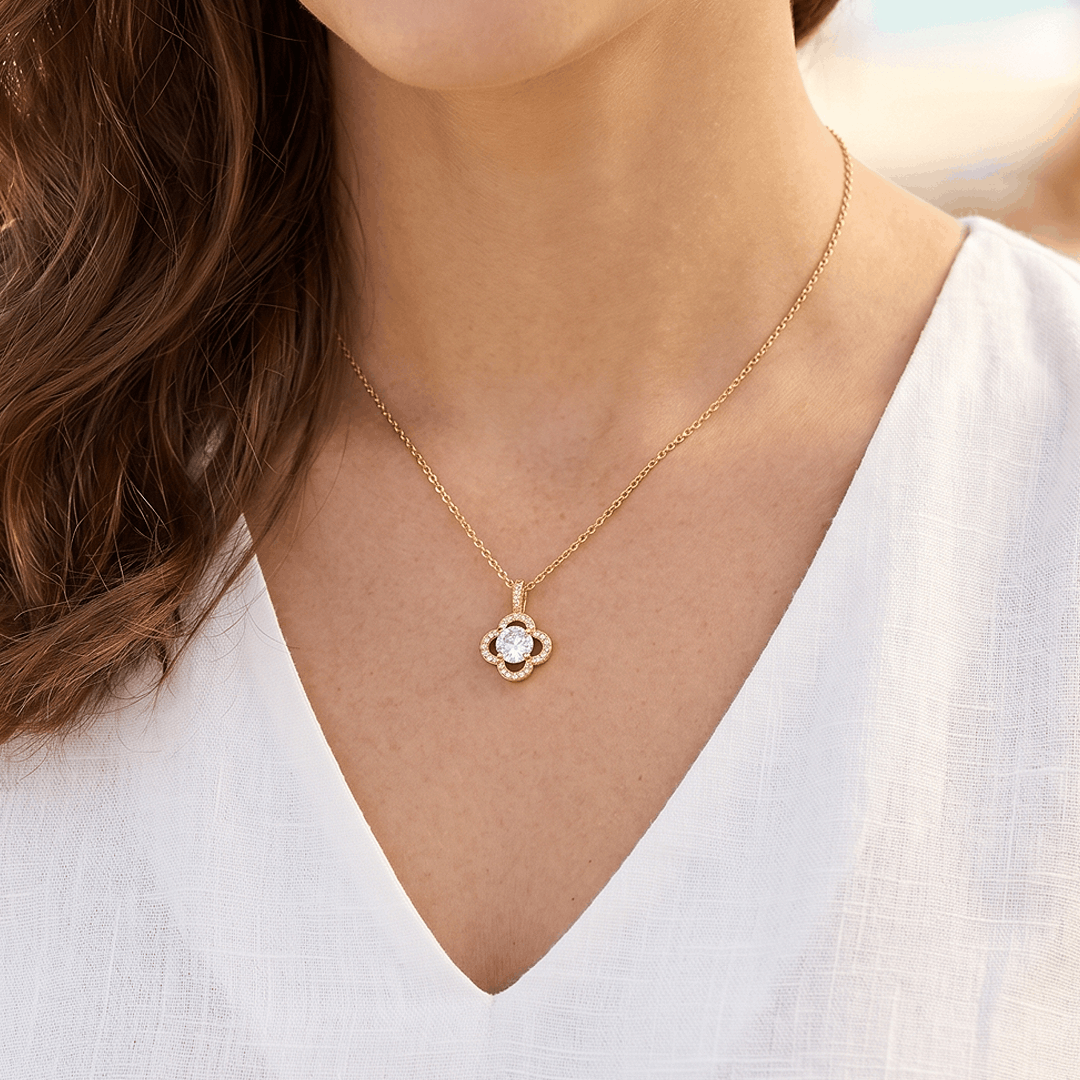 Close-up of the flower pendant worn